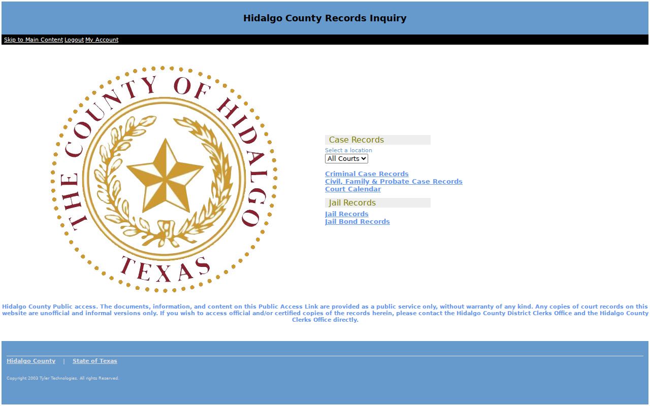 San Juan resident lookup through Hidalgo Odyssey case and jail record menu