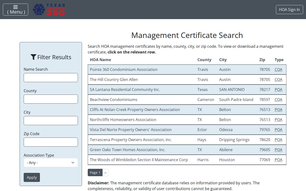 San Juan neighbors research in the Texas HOA management certificate search