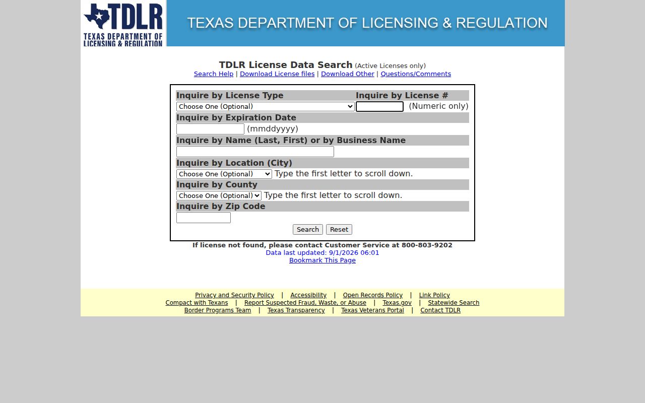 San Juan resident lookup using the Texas professional license search